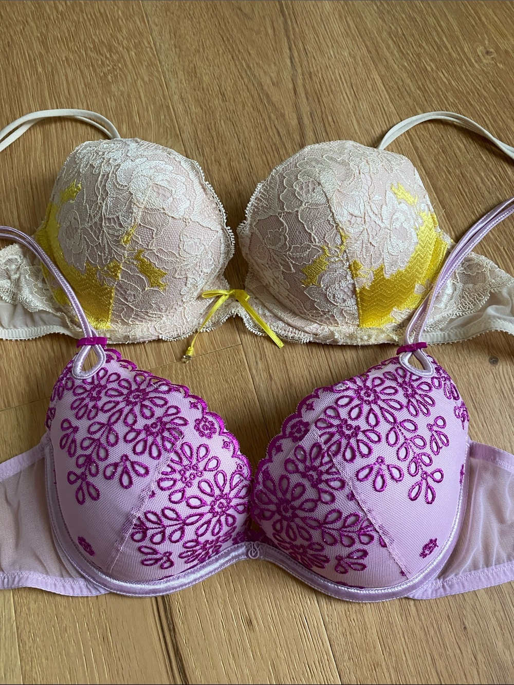 Victoria's Secret Pink & Cream Lace Push-Up Bra Pair with Yellow Detail